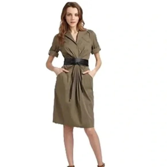Lafayette 148 Dress Women’s Medium Green Knee Length Collar Ruched Casual - Picture 1 of 9